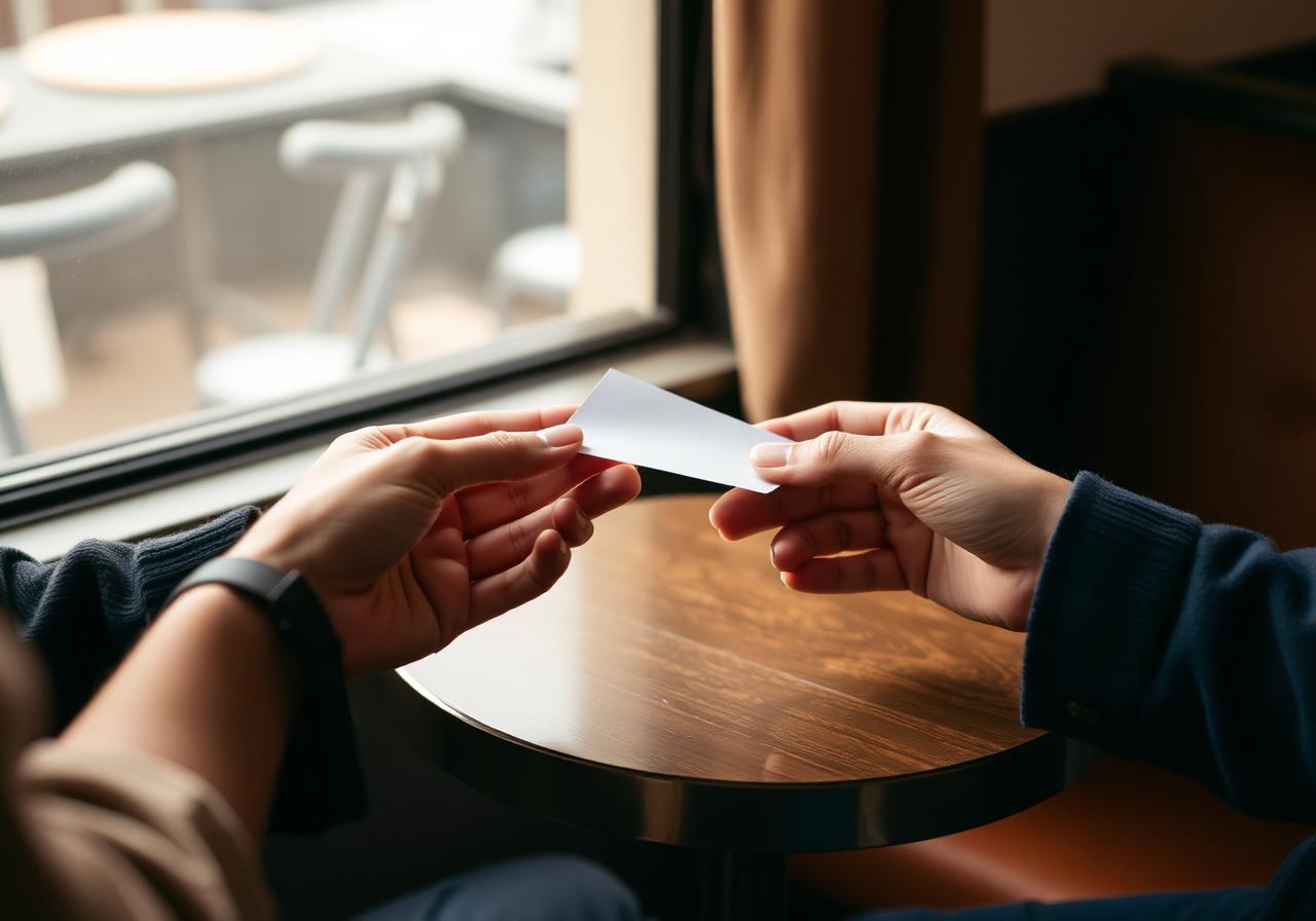 Two people exchanging a handwritten note across a small cafe table